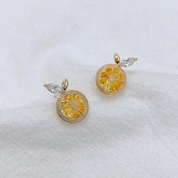 Jeweled Orange Diamond Fruit Gold Stud Minimalist Dainty Luxury Unique Earrings - Picture 3 of 8